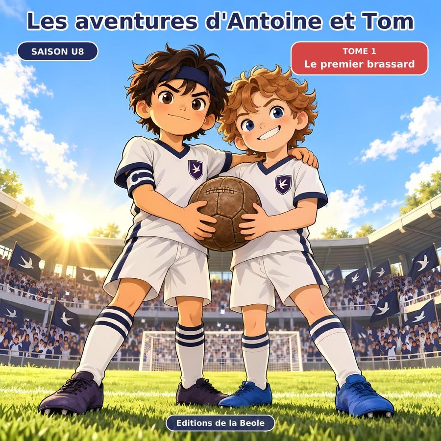 Cover van boek 1: Tom en Antoine in een wit-marineblauw shirt houden samen de oude leren bal van opa Jo vast, in een stadion.