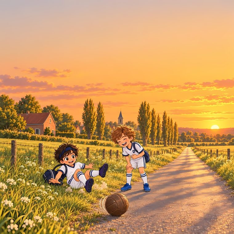 Bij zonsondergang is Tom in het gras gevallen en lacht Antoine, de bal rolt over de weg